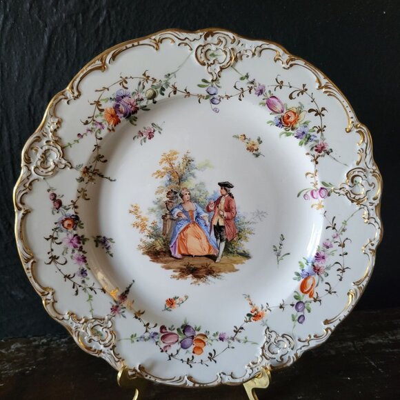 Antique Meissen Plate Courting Couple Romantic Scene Floral Design 8.75" - Picture 1 of 8